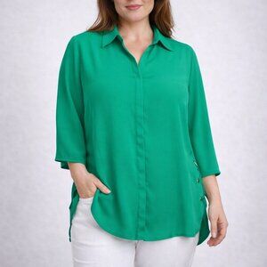 Chico’s Womens Tunic Top Blouse Size 2 (L) Green Side Lace-Up Hi Low Polyester